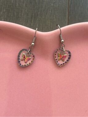 Y2K Pink Butterfly Resin Heart Earrings ✦ Coquette Rainbow Dangles⁠